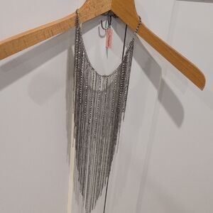 Natasha Couture Silver Fringe Bib Necklace.NWT